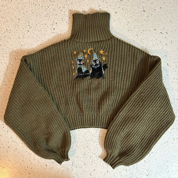 Green Witch Wizard Cats Moon and Stars Crop Turtleneck Sweater - Picture 3 of 8